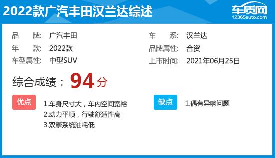 2022款广汽丰田汉兰达完全评价报告