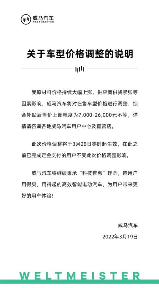 威马旗下车型价格上调 涨幅7000元起